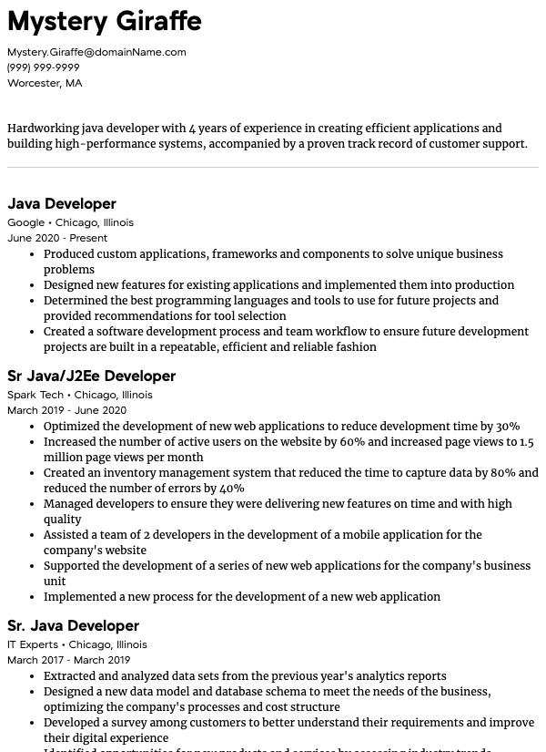 Java Developer Example resume sample