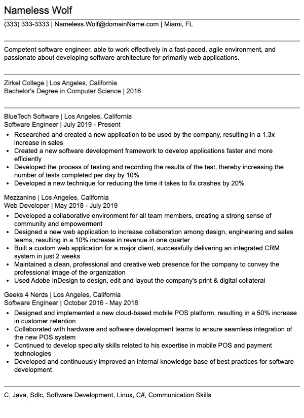 Software Engineer Example resume sample