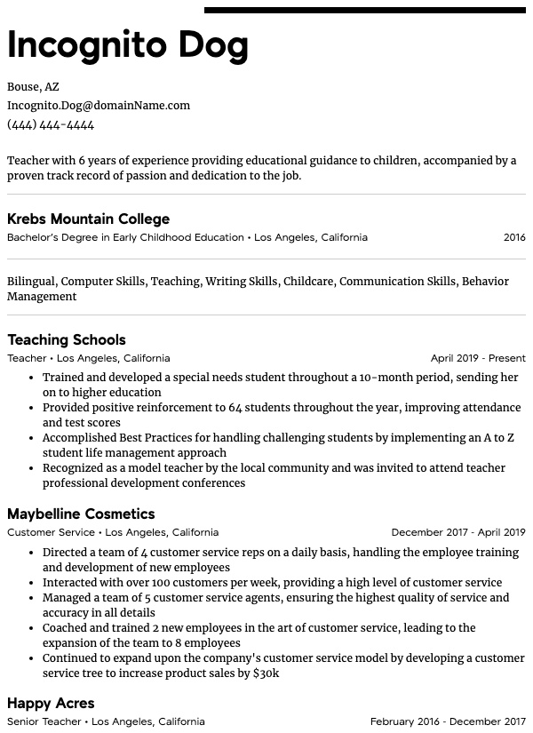 Teacher Example resume sample