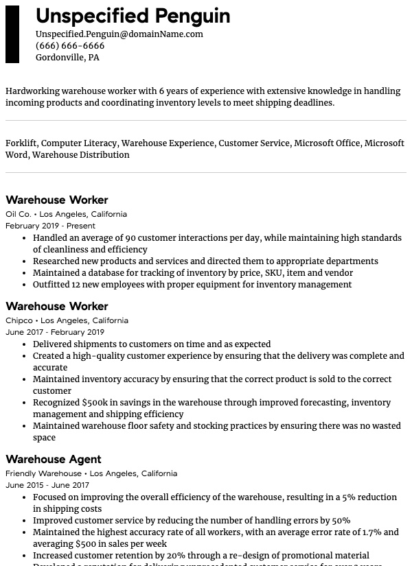 Warehouse Worker Example resume sample